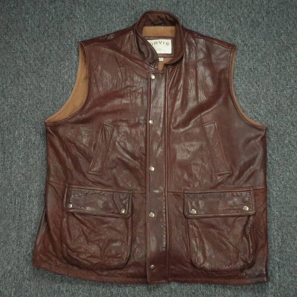 Orvis Vest Mens XL Brown Leather Soft Full Zip Hiking Hunting Pocketes Supple